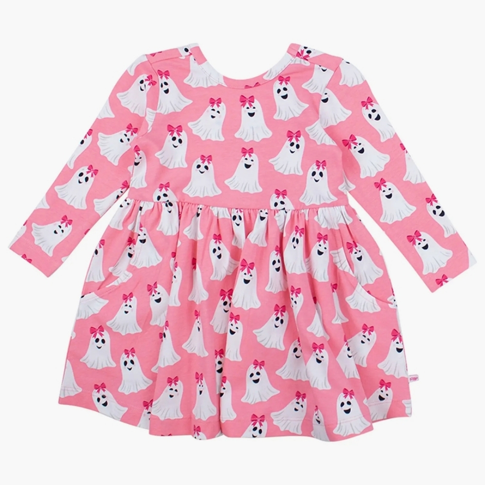 Ruffle Butts Ghost Long Sleeve Twirl Knit Dress Girls Size 2T Pink Bow Halloween